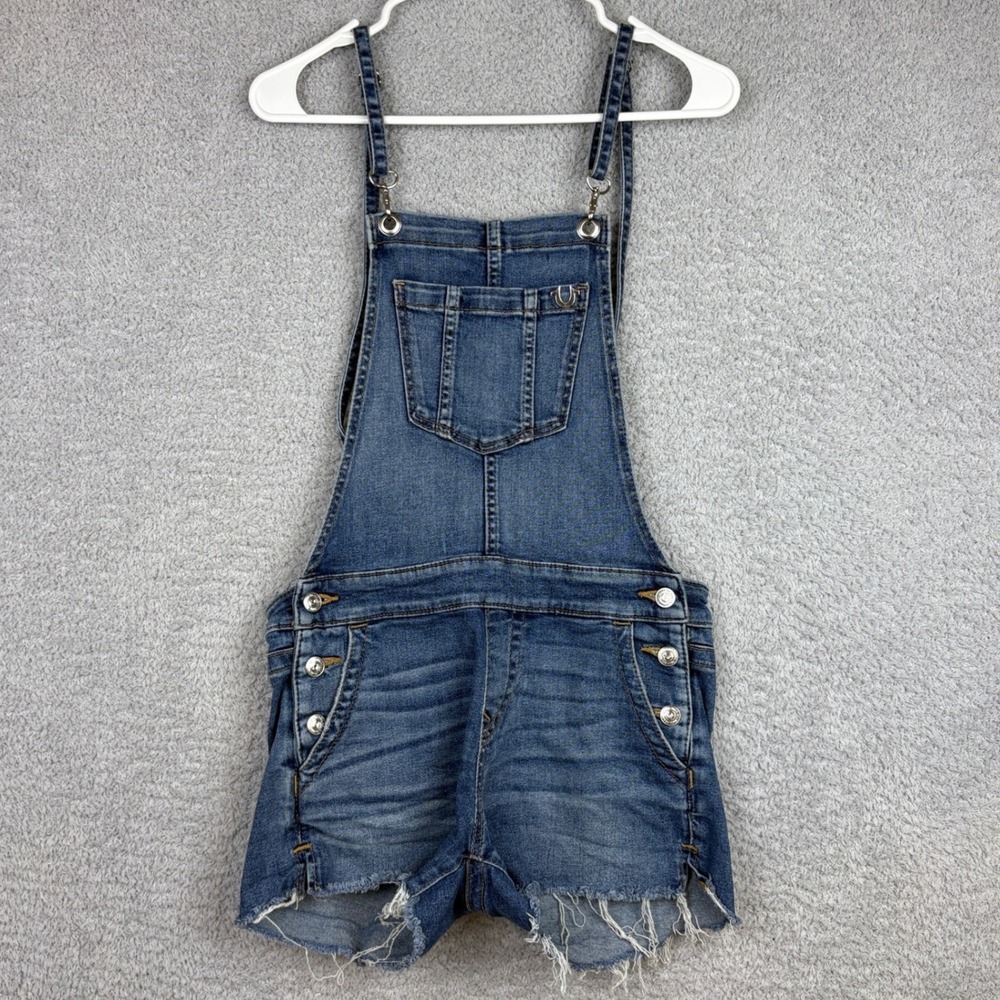 True Religion Overalls Womens Small Blue Denim Cut Off Shorts Distressed Y2K